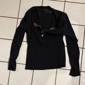 Cache Black Long Sleeve Top with Leopard Print Detail